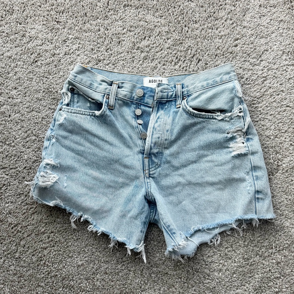 Agolde Parker Long Light Blue high waist cutoff distressed denim jean Shorts 24